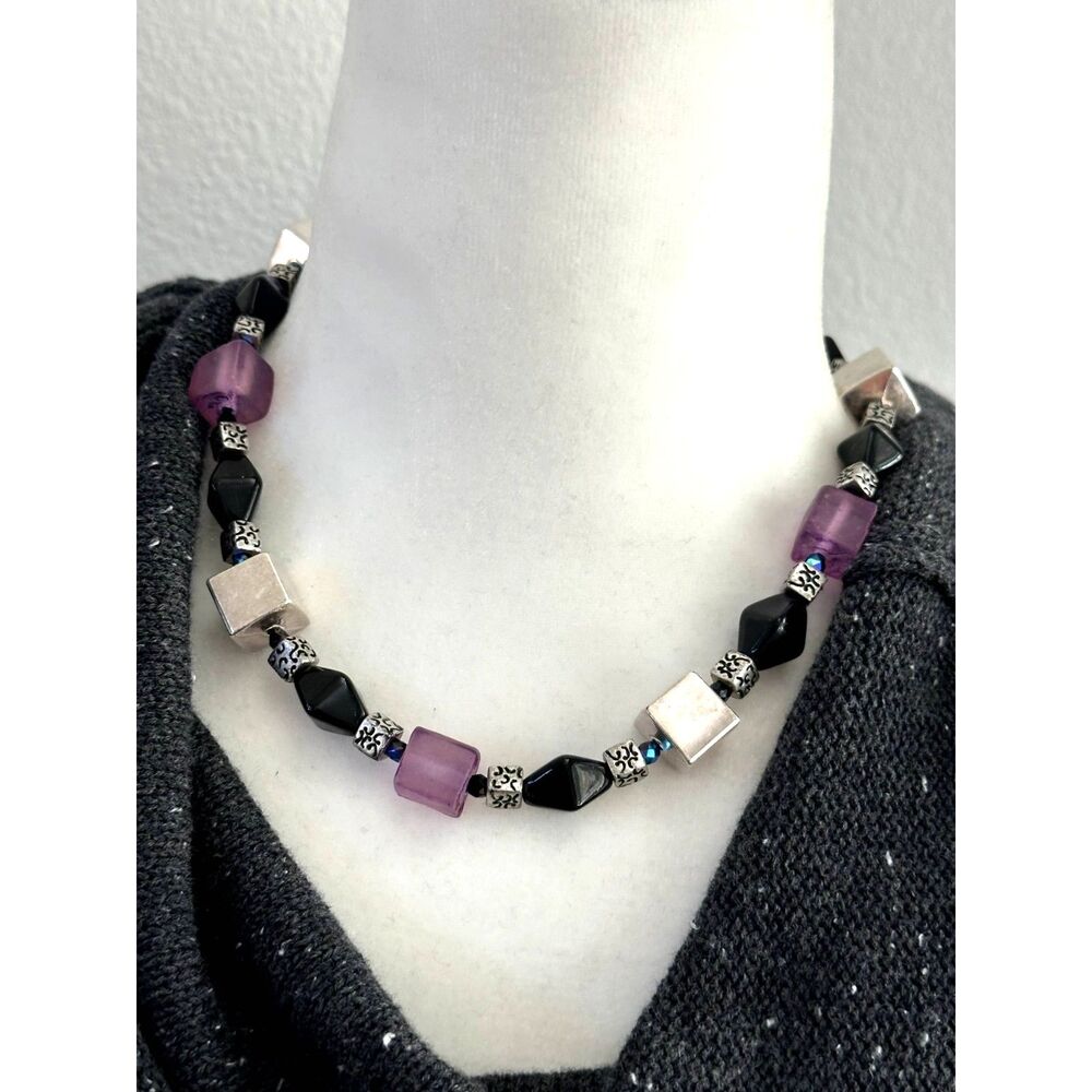 Chico's beaded necklace Black Silver Purple Modernist Cube bohemian